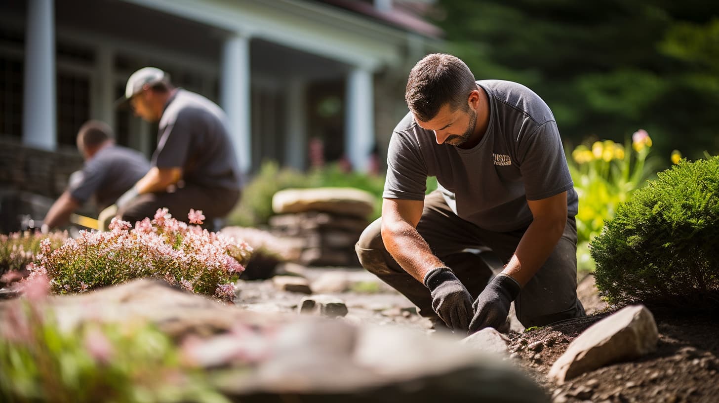 Backyard Bliss landscapers at work in garden in Dedham