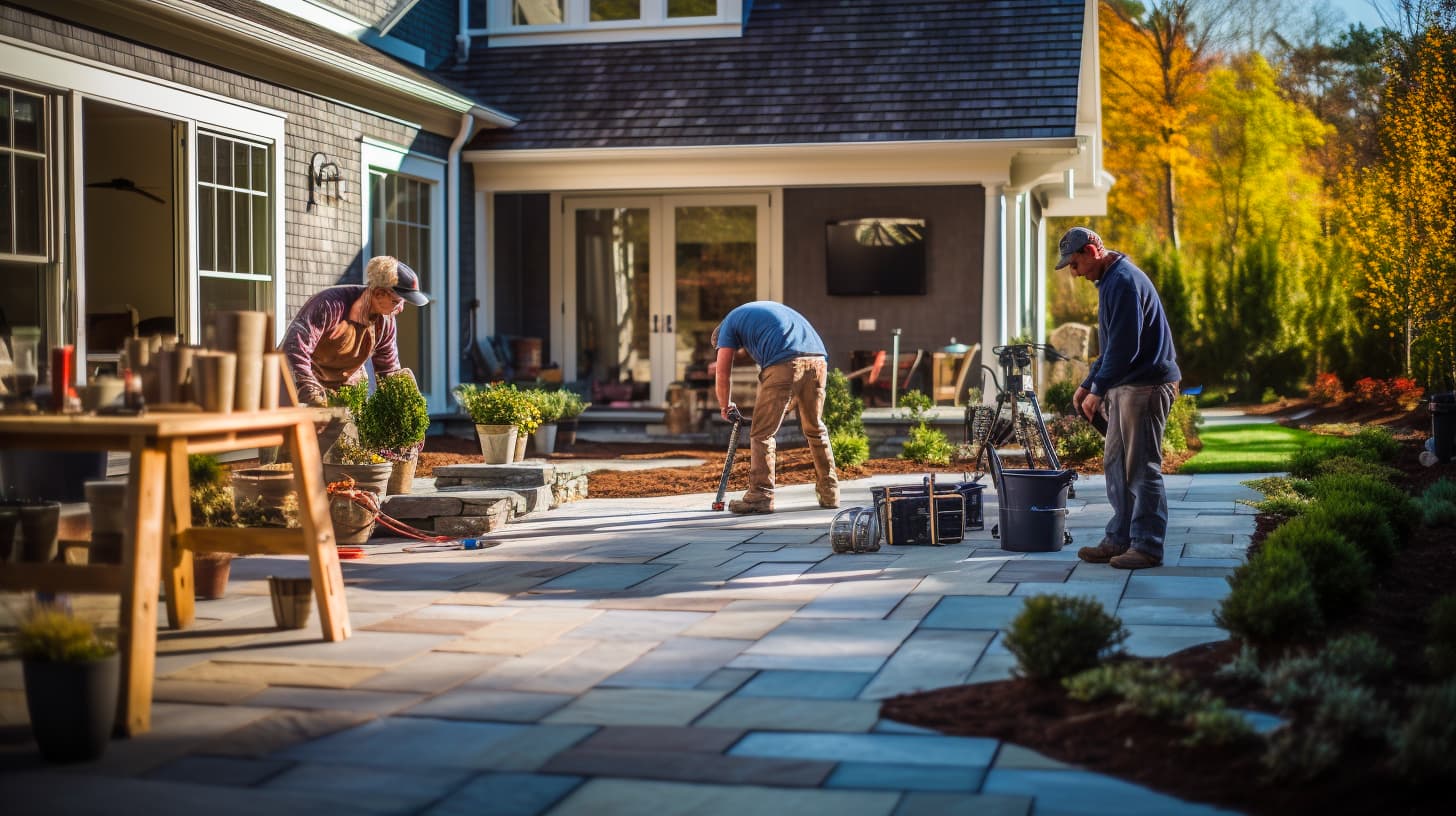 landscapers working on hardscape construction