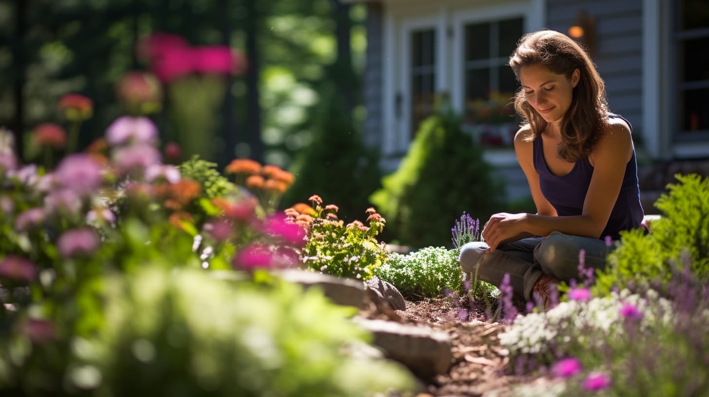 woman enjoying the sun and stress reduction from landcaping in her garden