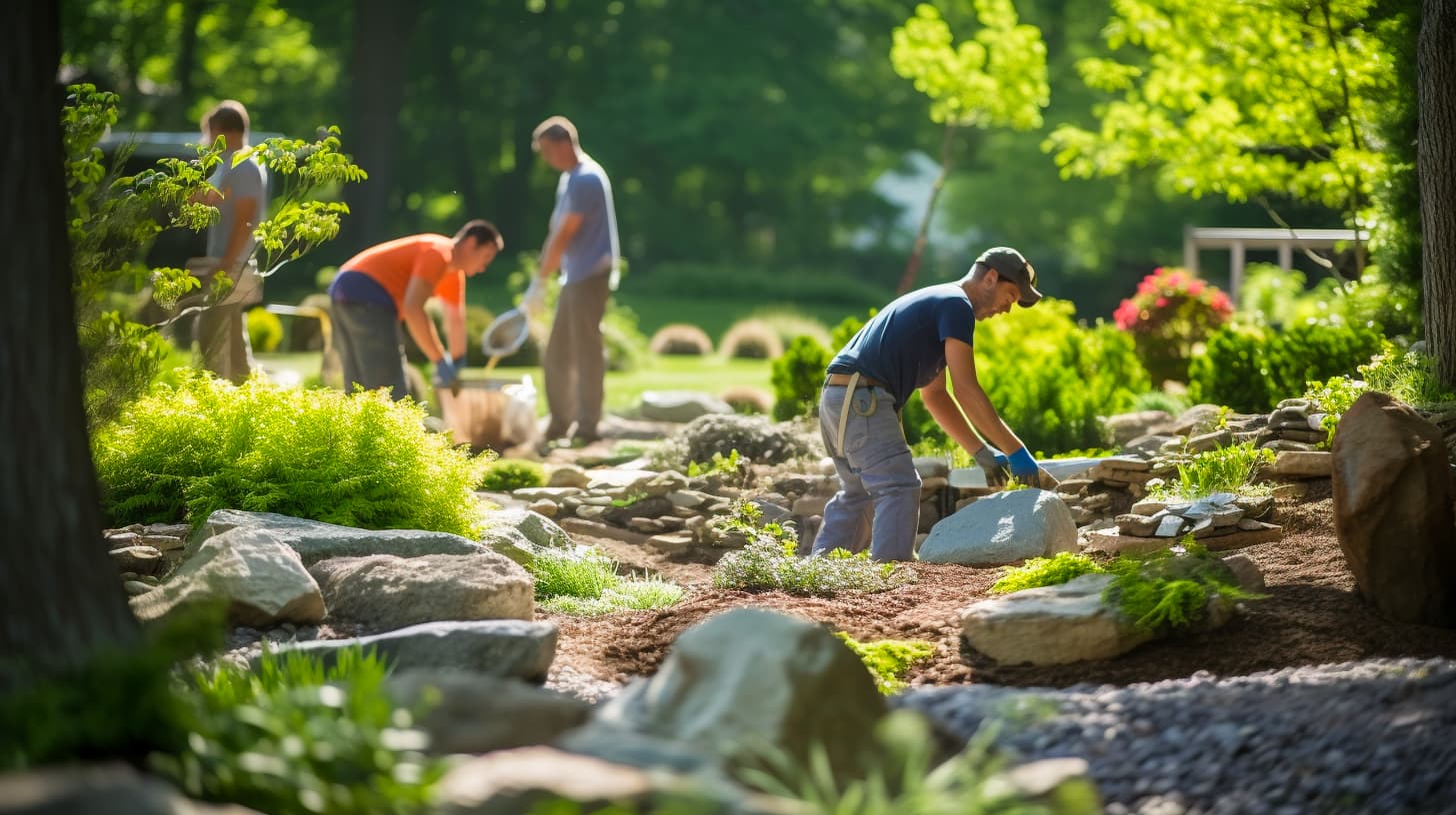 Backyard Bliss Landscapers installing rocks and waklways