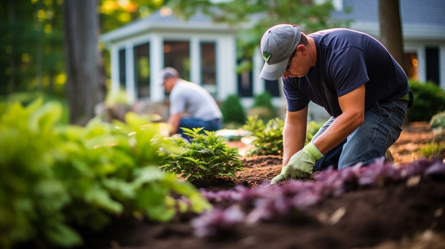 Landscapers working a garden in Norwood Massachusetts